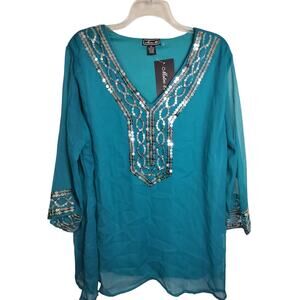 5188) Metro 22 Turquoise Sequin V Neck Peasant Boho Cover Up Tunic Top Plus 3X
